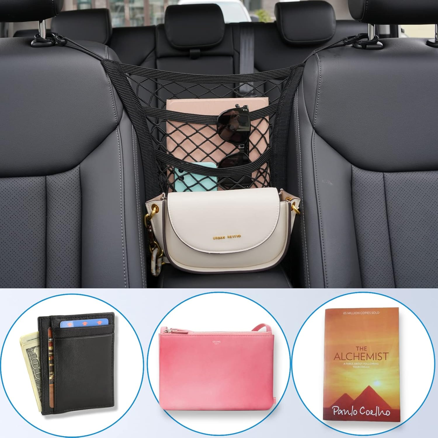 VEHIRIE Sedan Mesh Net Organizer between Seats Gap Filler Handbag Purses Holder Netting Snack Storage Pet Kid Barrier for Car/Suv image number 4