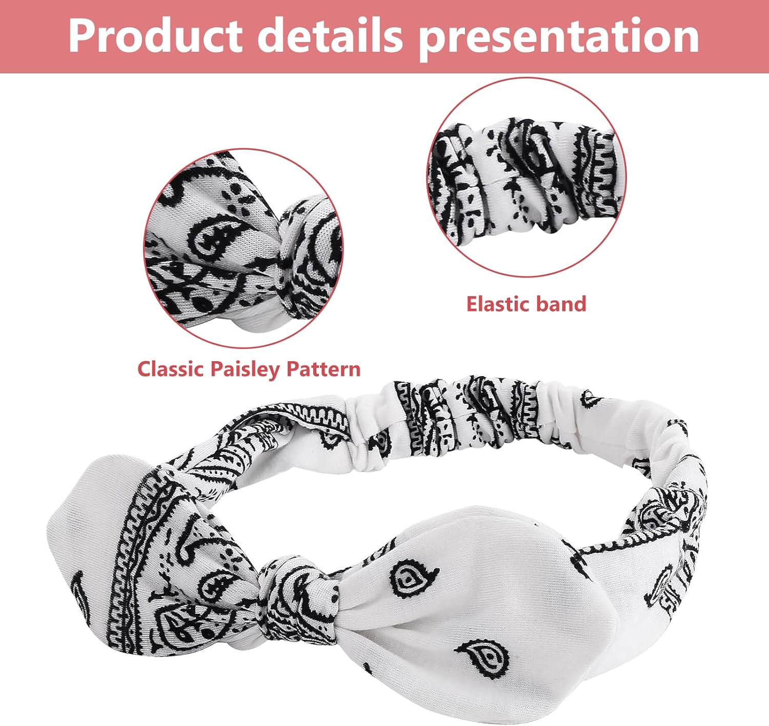 Culinavog Pack of 3 Boho Hair Bands, Women'S Retro Polka Dot Print Headbands, Paisley Print Headband, Boho Bow Bandana, Adjustable Headwrap for Everyday, Sports, Yoga (Red + Black + White) image number 6