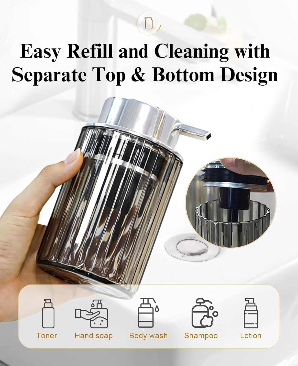 BRARIOS Pump Dispenser Face Wash Push Type Refillable Soap Dispenser Light Luxury Manual Leakproof Thick Foam Large Capacity Portable Durable Kitchen Company Home Holidays (Grey) - Silver image number 2