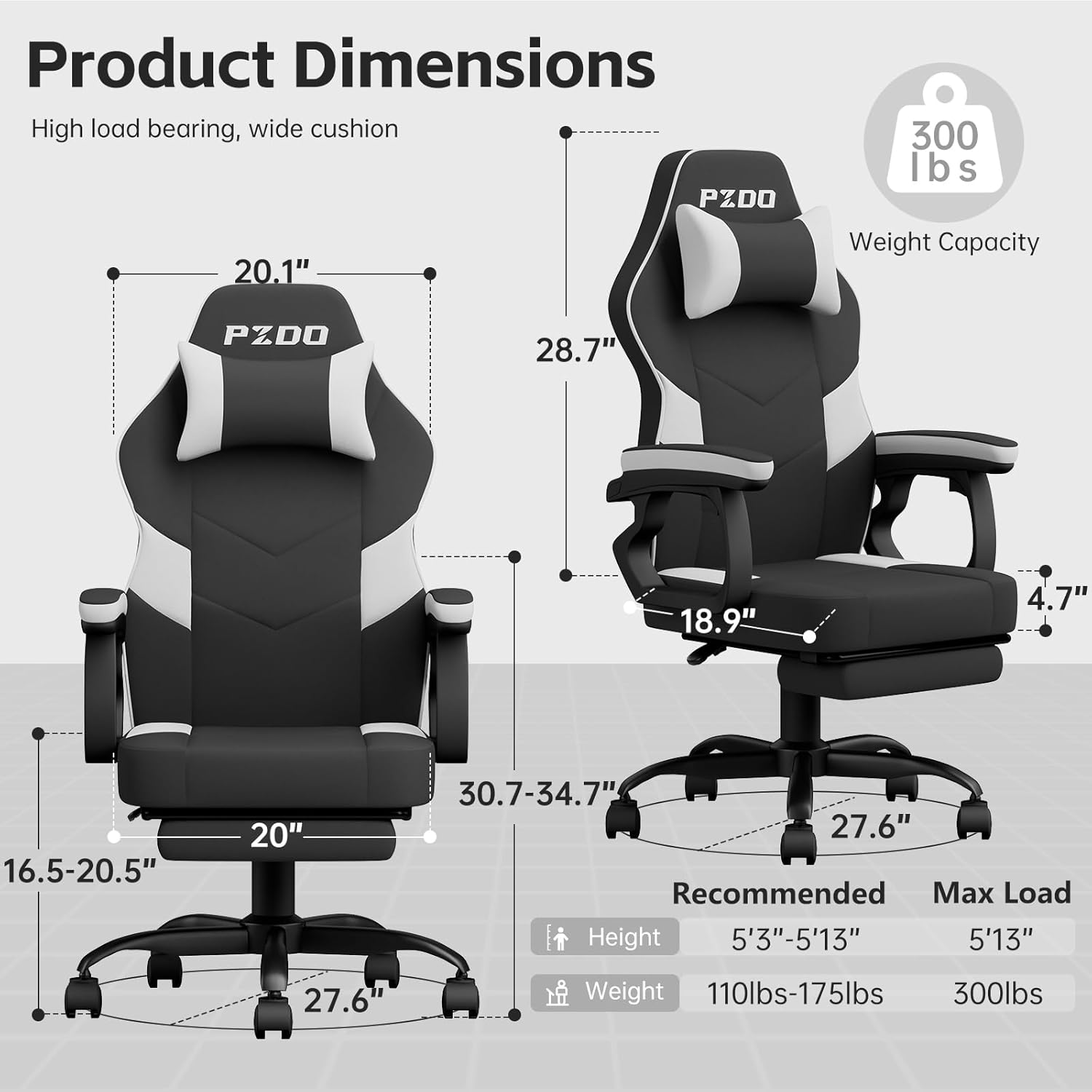 Office Chair, Computer Chair for Adults, Ergonomic Office Chair with Footrest, Desk Chair with PU Leather & Lumbar Support, Gaming Style Pc Chair for Teens, Kids, 300LBS, Black-Grey image number 4