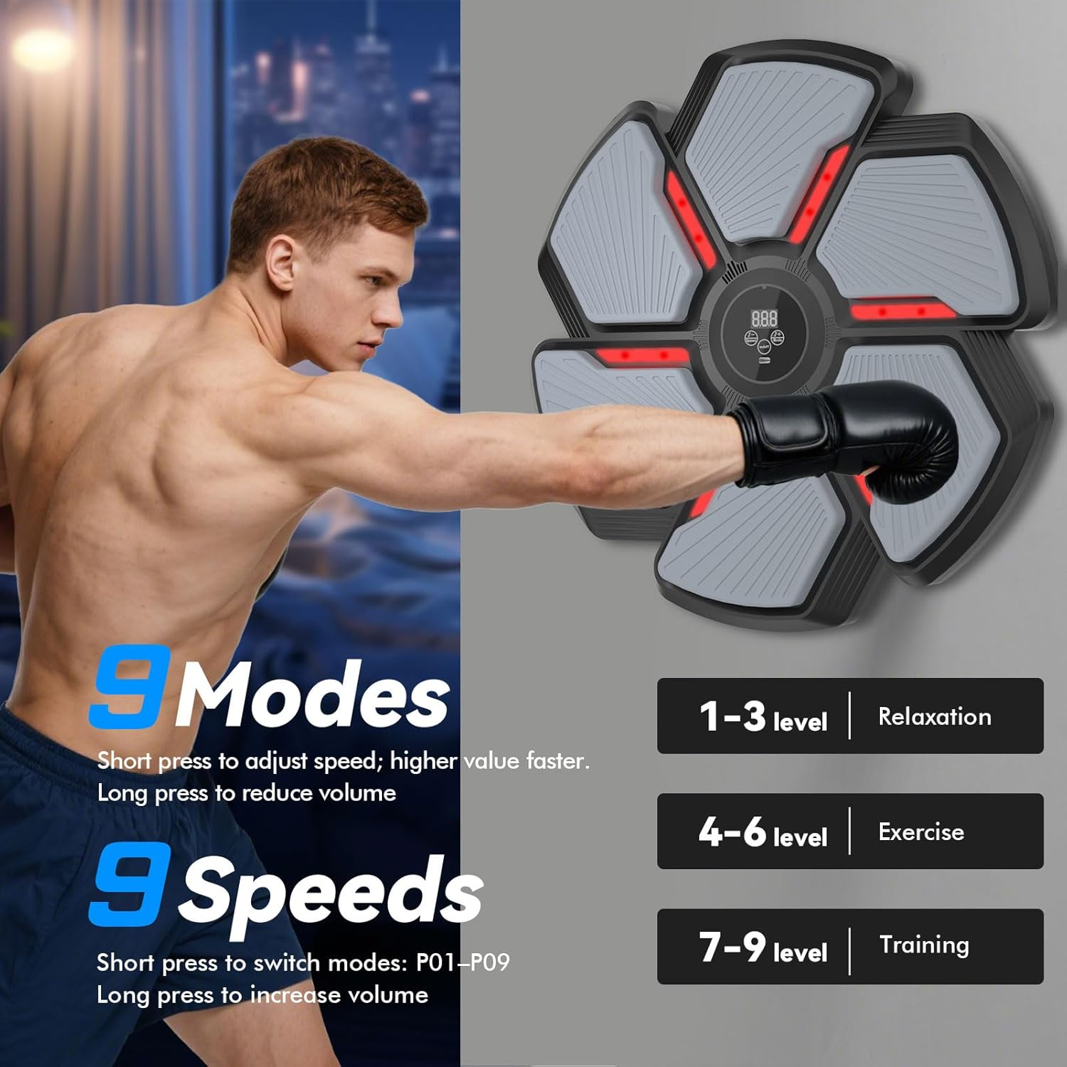 Music Boxing Machine Wall Mounted, Bluetooth Punching Trainer with LED Display, 9 Modes & 9 Speeds, Boxing Gloves Included, Music Punching Machine for Adults & Teens, Home Gym Reflex Workout Equipment image number 2