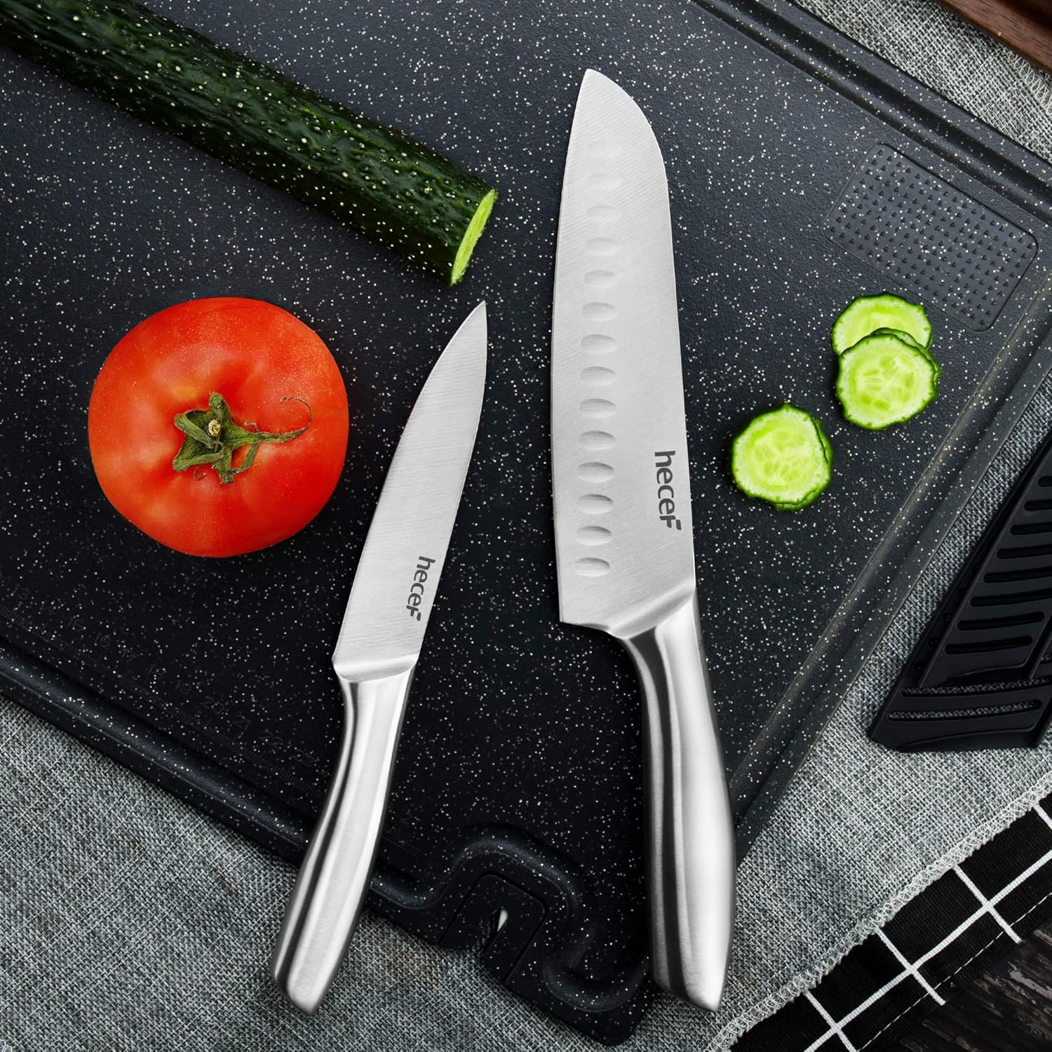 Hecef Silver Kitchen Knife Set of 5, Satin Finish Blade with Hollow Handle, Includes 8" Chef, 8" Bread, 8" Santoku, 5" Utility and 3.5" Paring Knife image number 2