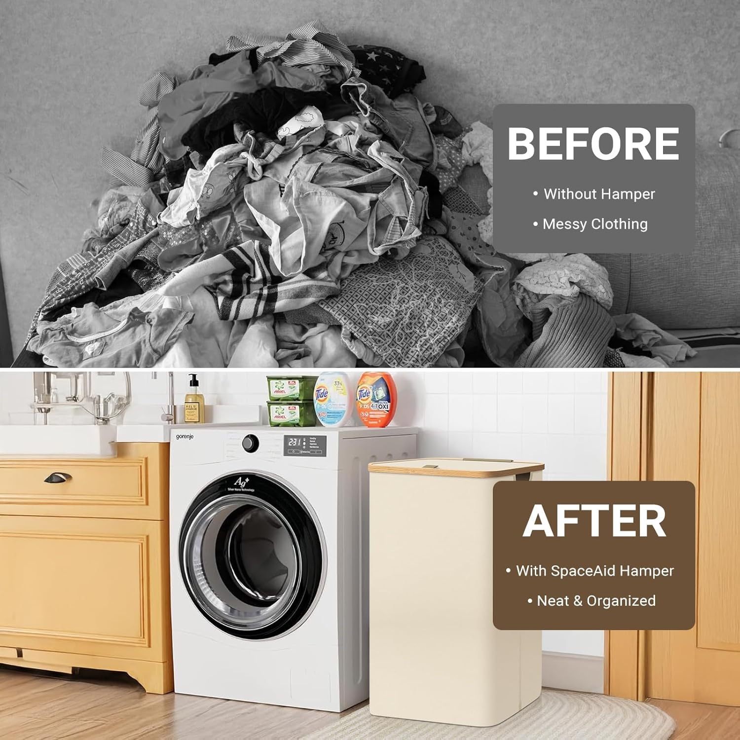 Cozi 100L Large Laundry Hamper with Lid & Bamboo Handles, Tall Dirty Clothes Basket W/Removable Inner Bag &ndash; for Bedroom, Bathroom, Dorm, Laundry Room (Beige, 40.5 &times; 33 &times; 75Cm)