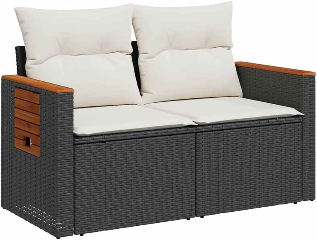 Vidaxl Garden Sofa/Couch W Cushions - 2-Seater Black PE Rattan, Steel & Acacia Wood - Outdoor Patio/Deck Furniture - 124X62X69 Cm with Storage & Side Table image number 2