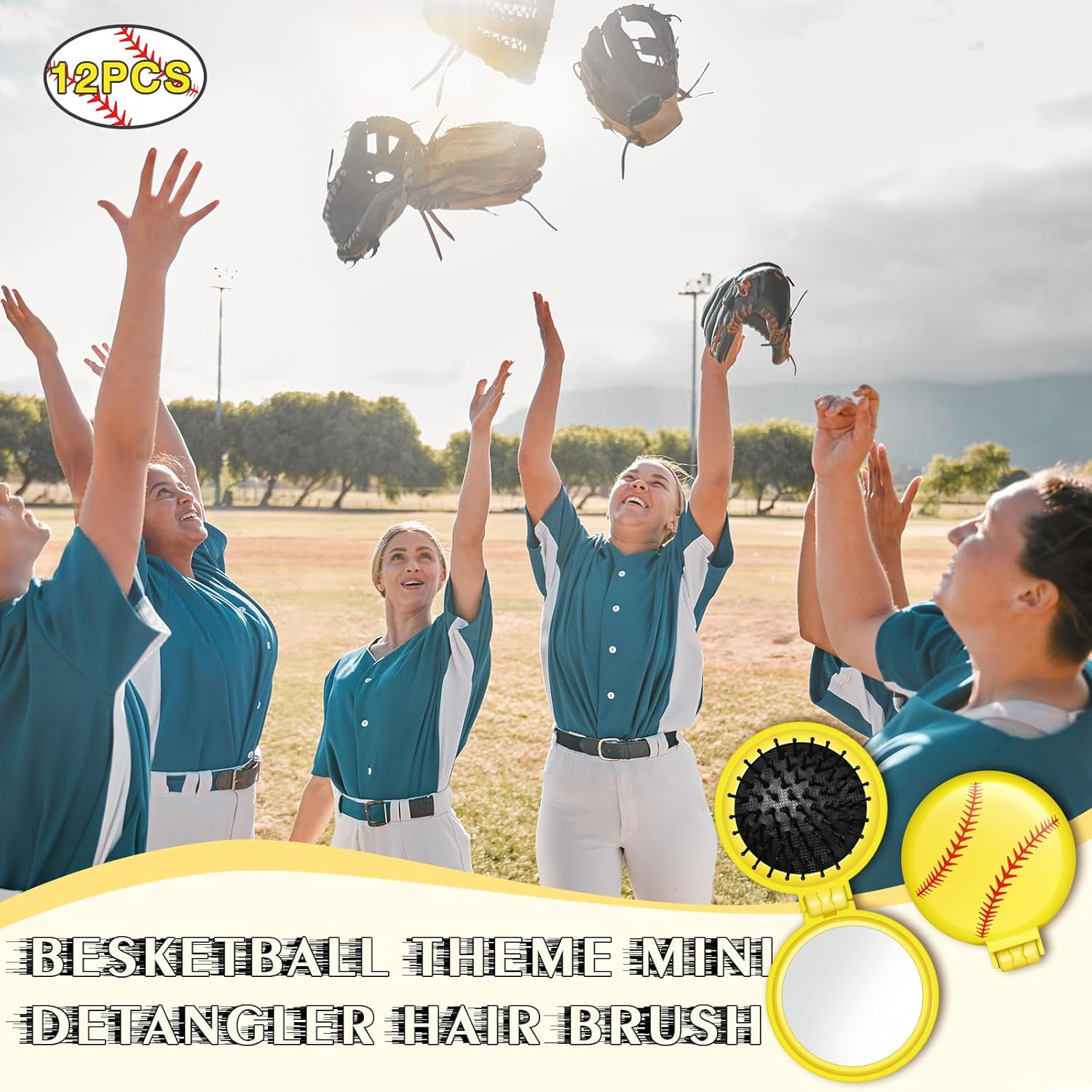 12 Pcs Softball Mini Detangler Brush, Folding Mirror Hair Brushes, Mini Travel Hair Brush, No Tangle Soft Flexible Bristles for Straight, Curly, Thick Hair for Softball Team Gift Sport Party image number 6