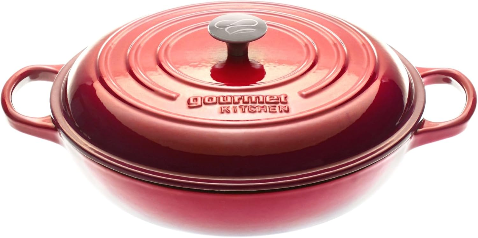 Gourmet Kitchen Cast Iron Shallow Casserole Dish with Lid Heat Resistant Knob Enamel Processing Oven Safe Dutch Oven Cookware High-Quality Non Stick Casserole 30Cm - Black Cherry Red