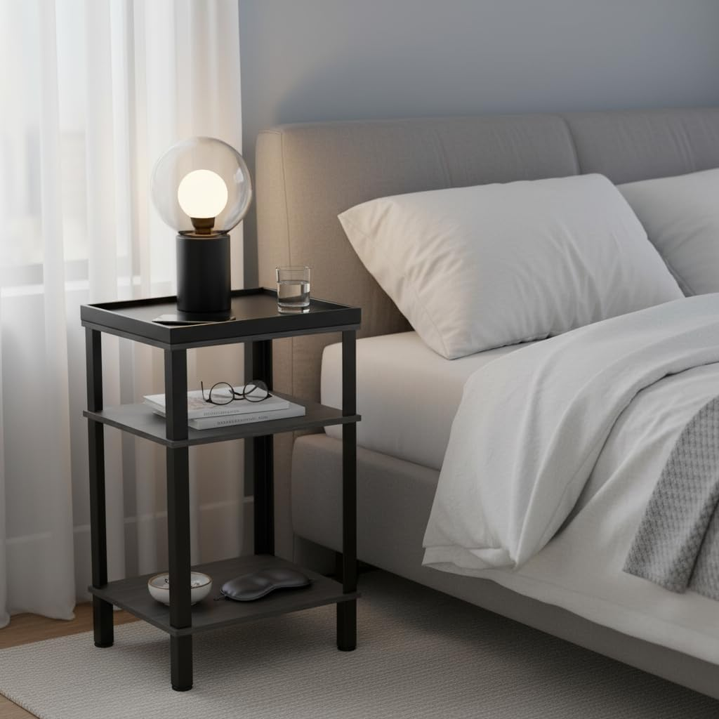 Side Table for Small Spaces,3 Tier End Table with Metal Tabletop Tray Storage Shelf, Small Narrow Thin End Table Bedside Table,Nightstand for Hallway,Living Room,Bedroom, Office (Grey) - Rustic Brown image number 7