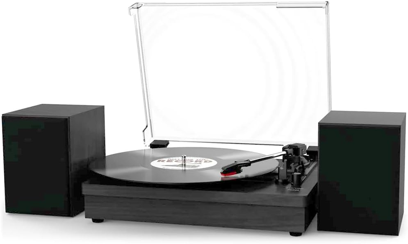 Black Retro Vinyl Record Player External Stereo Speakers Bluetooth, USB & AUX Input image number 3