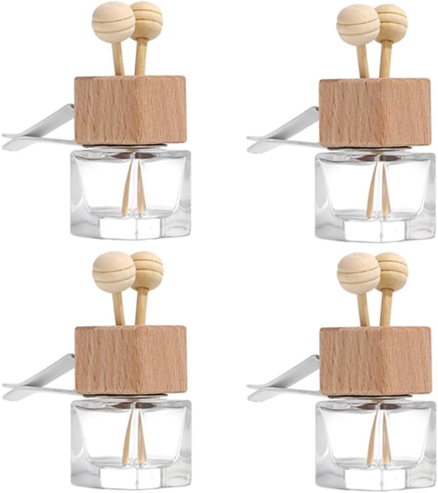 Car Diffuser Air Freshener Bottle,4 Pcs Car Perfume Bottle, 8 Ml Clear Empty Car Essential Oil Diffuser Auto Glass Perfume Diffuser Bottle with Vent Clip Wooden Caps Stick Fragrance Ornament
