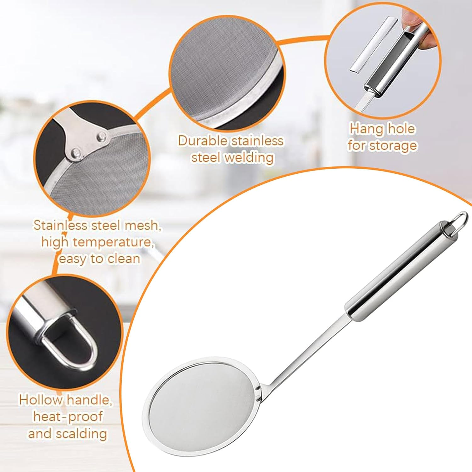 Stainless Steel Skimmer Strainer Hot Pot Fat Skimmer Spoon with Long Handle for Cooking, Frying, Skimming Grease and Foam