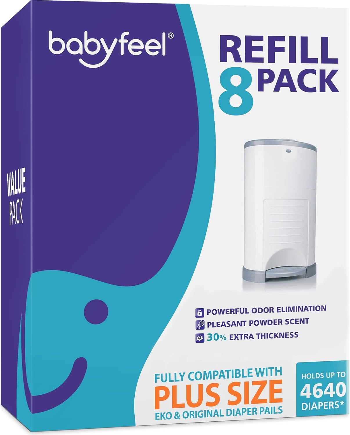 Babyfeel Refills for DEKOR plus Diaper Pails, 8 Pack, Exclusive 30% Extra Thickness, Fresh Powder Scent, Holds up to 4640 Diapers