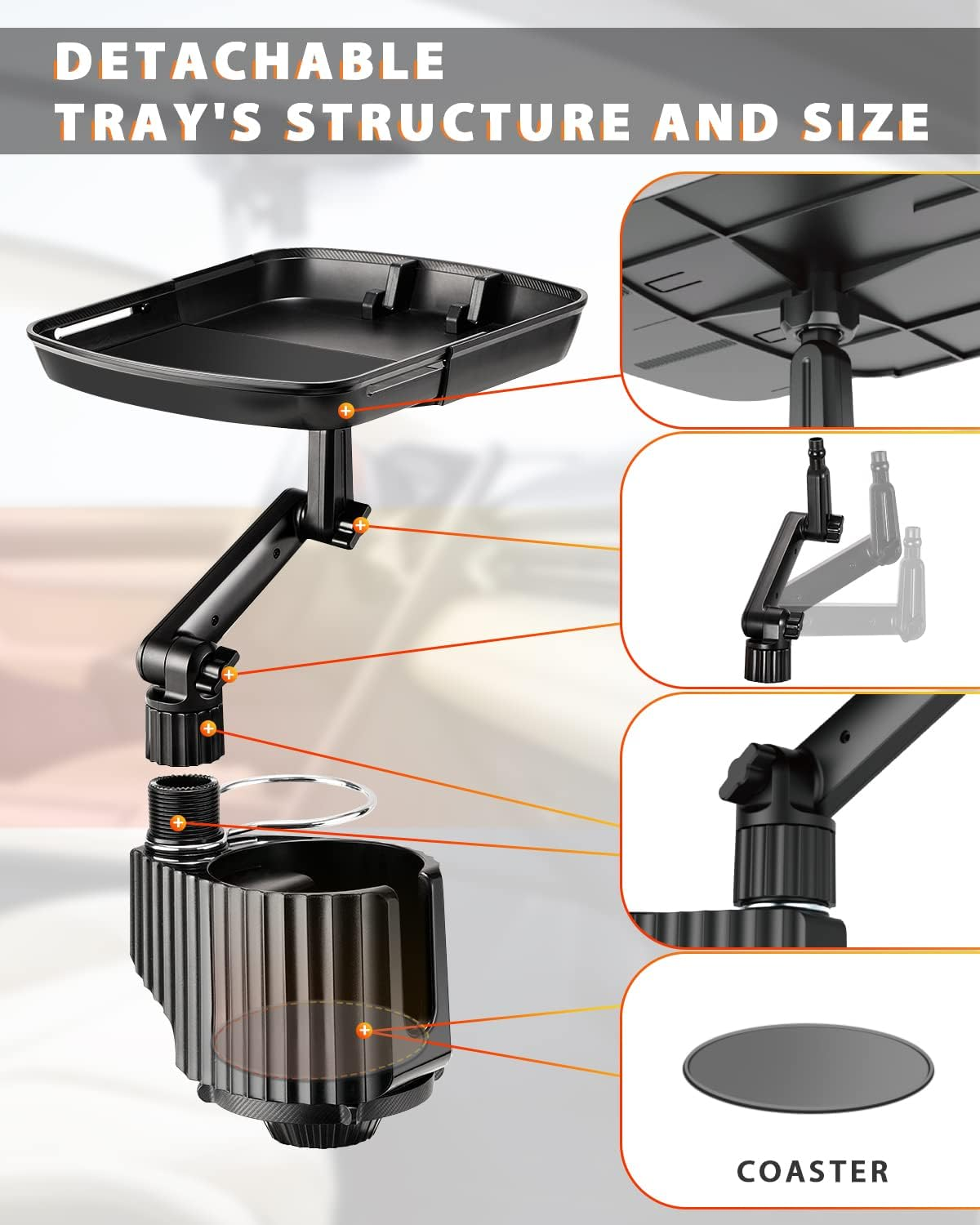 4-In-1 Car Cup Holder Expander Tray,Detachable Upgraded Large Car Food Tray Expandable Dual Cup with Phone Holder,360&deg;Rotation Adjustable Base,Road Trip Essentials Accessories for Drinking and Eating