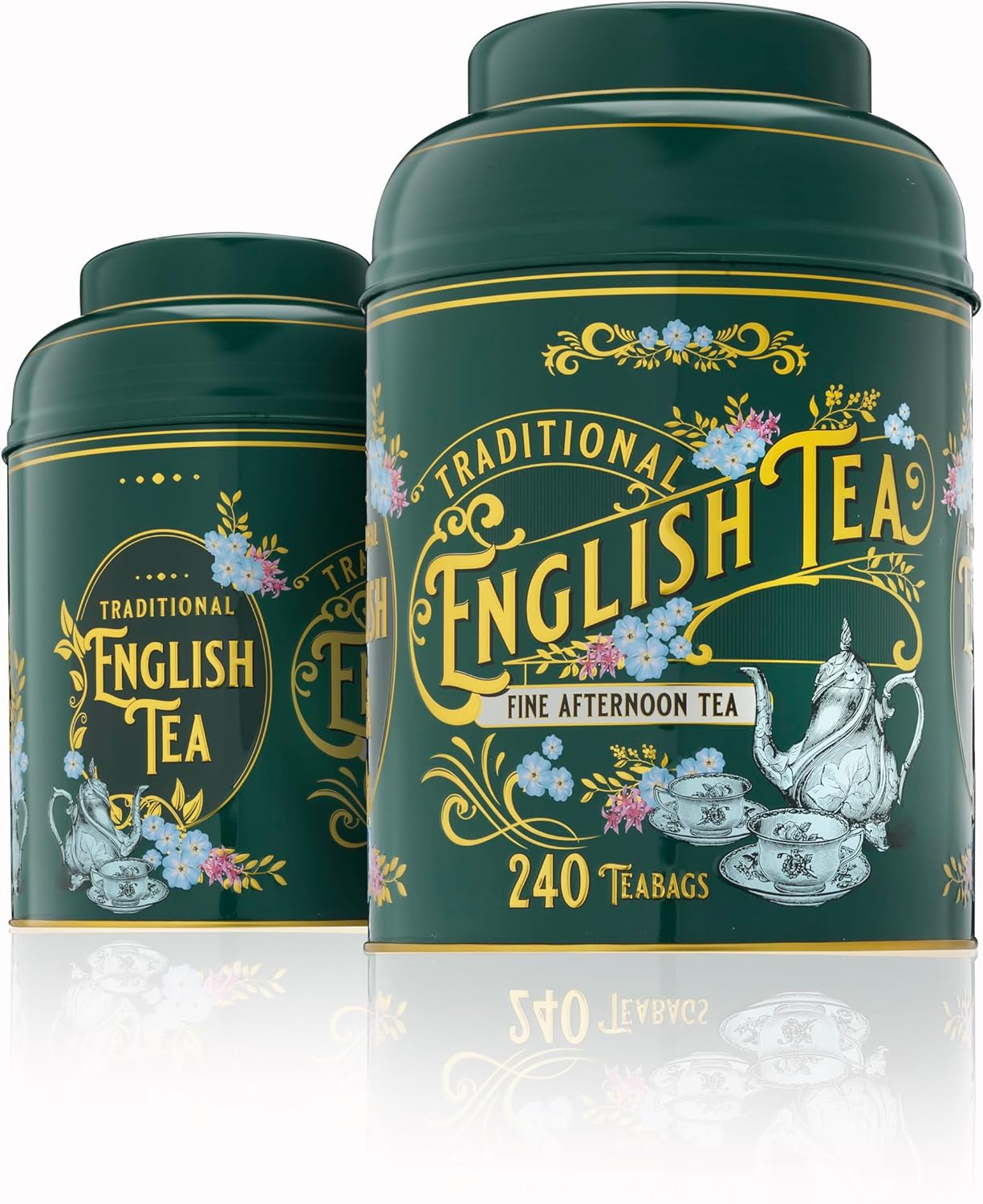 New English Teas Vintage Victorian round Tea Caddy with 240 Fine English Teabags (Bottle Green)