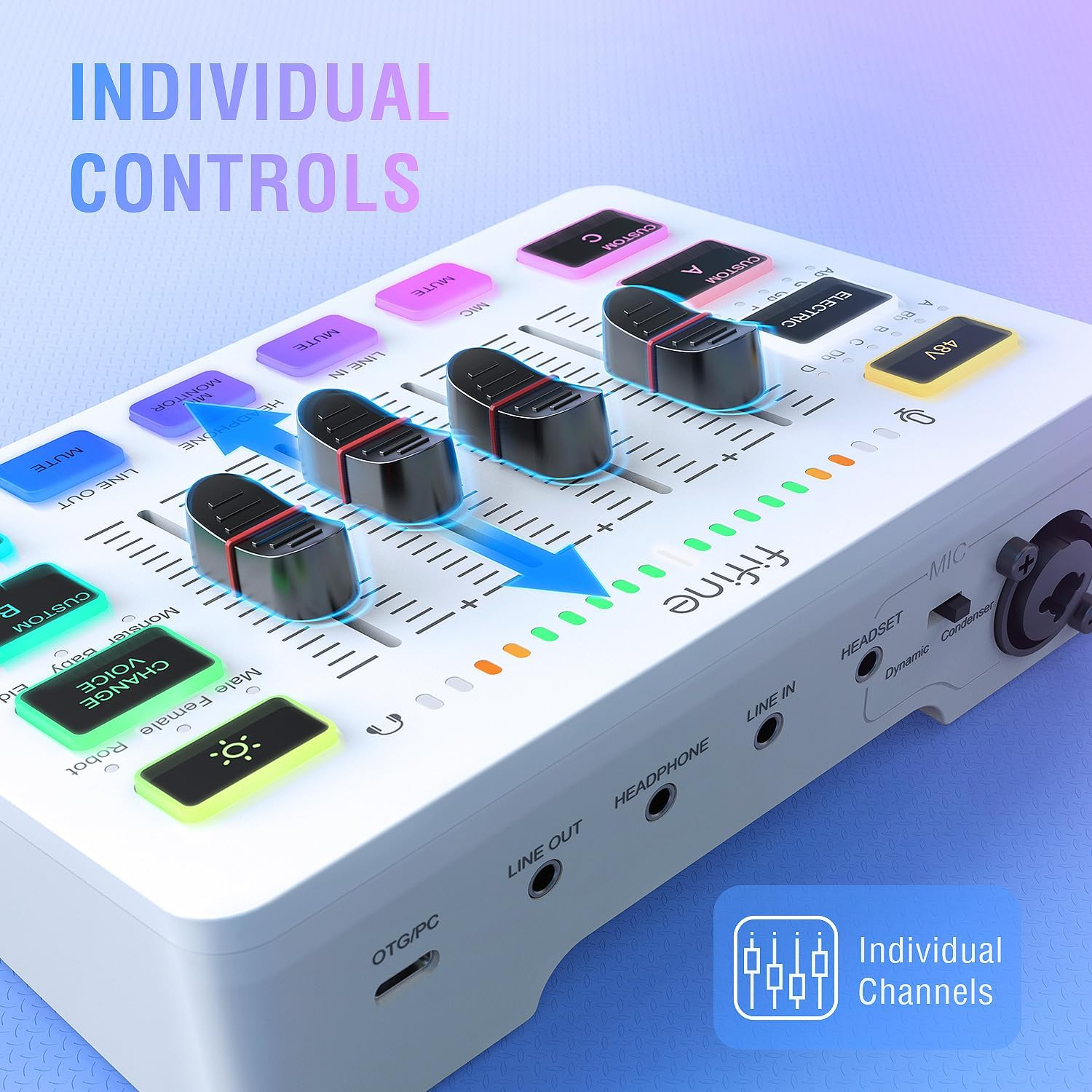 FIFINE Audio Mixer, Gaming Streaming PC Mixer with Slider Fader, XLR Microphone Interface, Monitoring, for Video/Game Voice/Podcast Recording-Ampligame SC3W image number 3