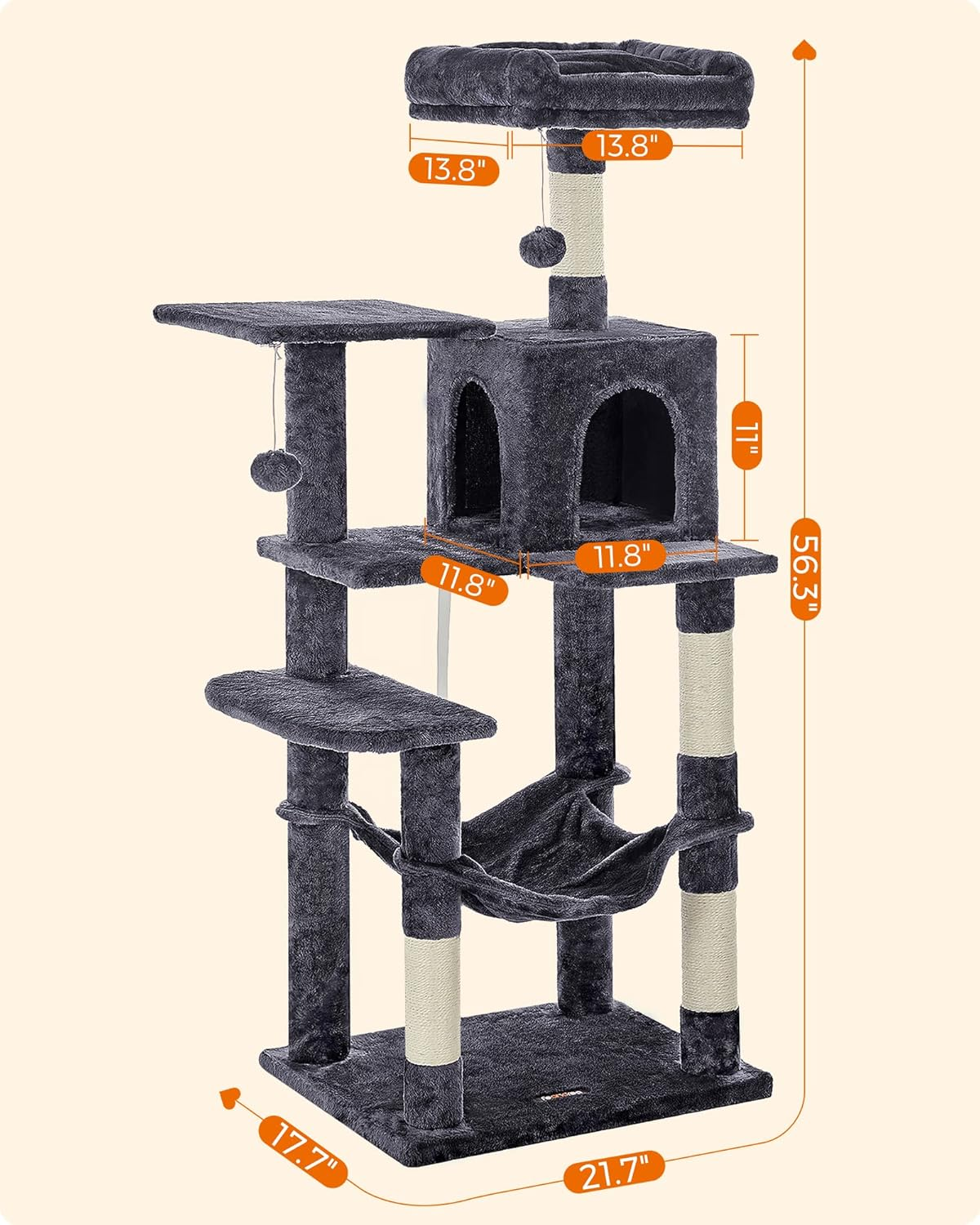 FEANDREA Cat Tree, Cat Tower, Cat Condo with Scratching Posts, Hammock, Plush Perch, Cat Activity Center, Smoky Gray UPCT161G01 image number 6