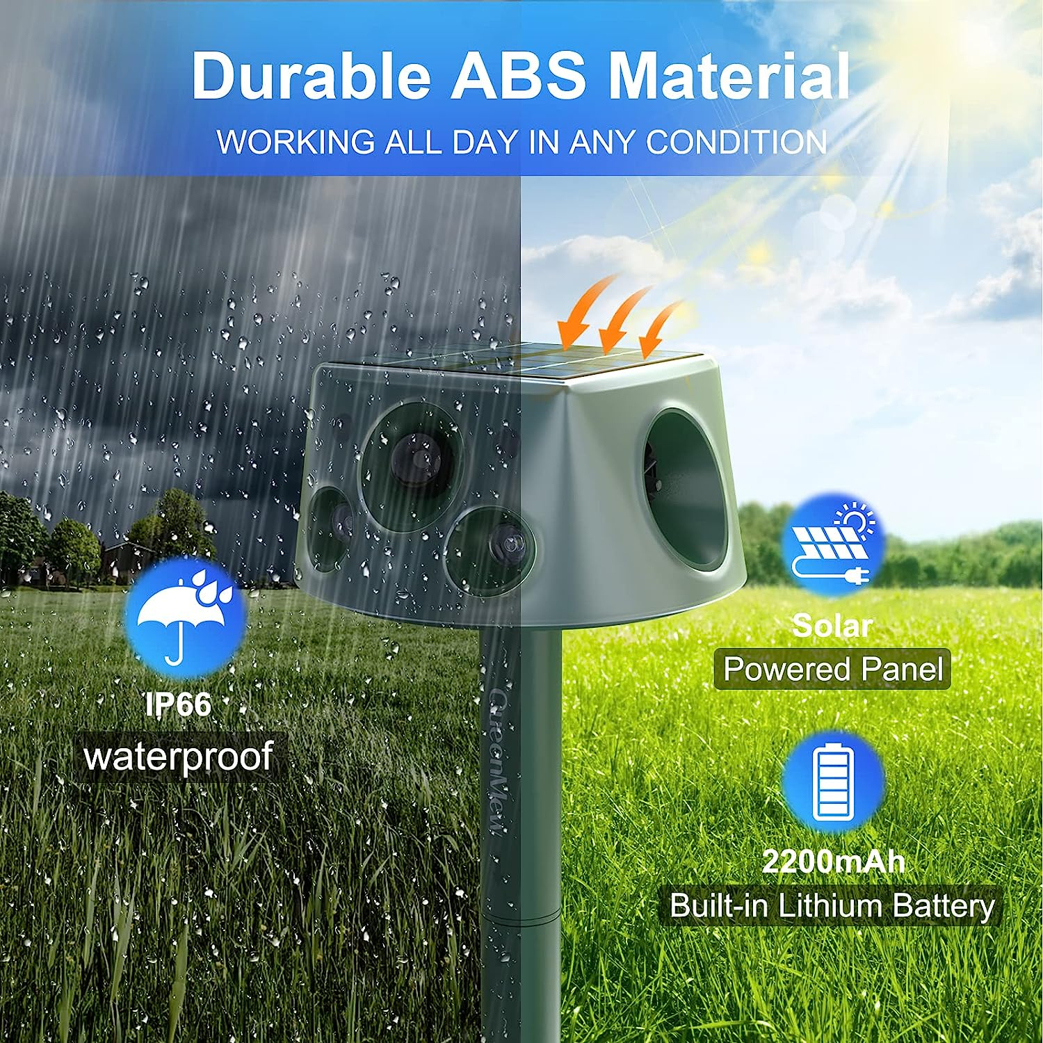 Solar Animal Ultrasonic Repeller, 240&deg; Ultrasonic Animal Repellent,Ipx66 Mole Repellent for Lawns Outdoor Solar Powered,Pest Control, Cat, Dog, Deer, Rabbit, Mice Repellent 40 FT PIR Sensor Repeller