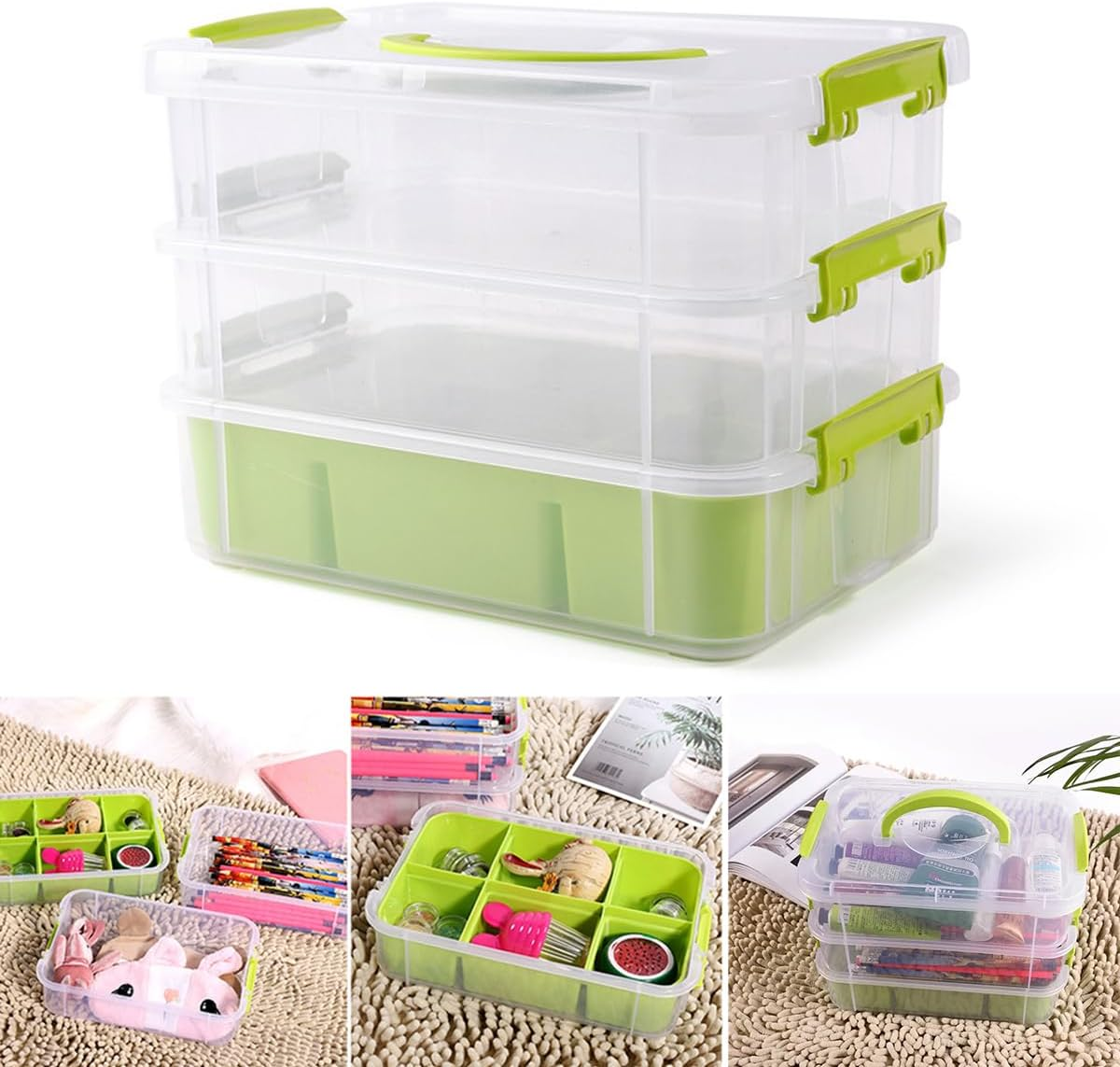 AIMALL 3-Layer Small Storage Box with 1 Inner Compartment, Green,  & Toy Organizer, Stackable Drawer for Toys and Small Parts, 10.23X6.96X7.48 Inches image number 2