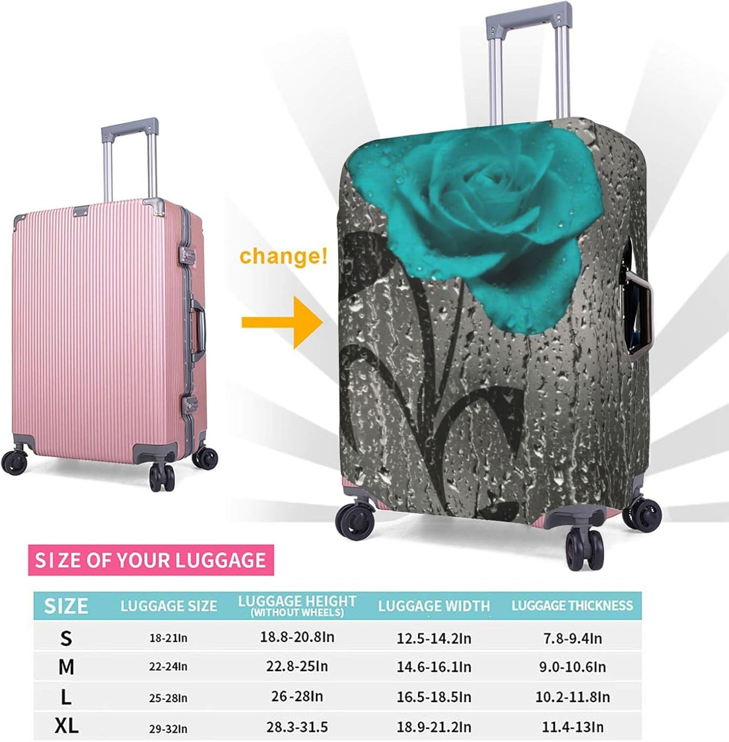 Odddot Teal Gray Rose Flower Print Travel Luggage Cover,Suitcase Protector Cover, Washable Baggage Covers,For 18-32 Inch Luggage, Teal Gray Rose Flower, Small image number 2