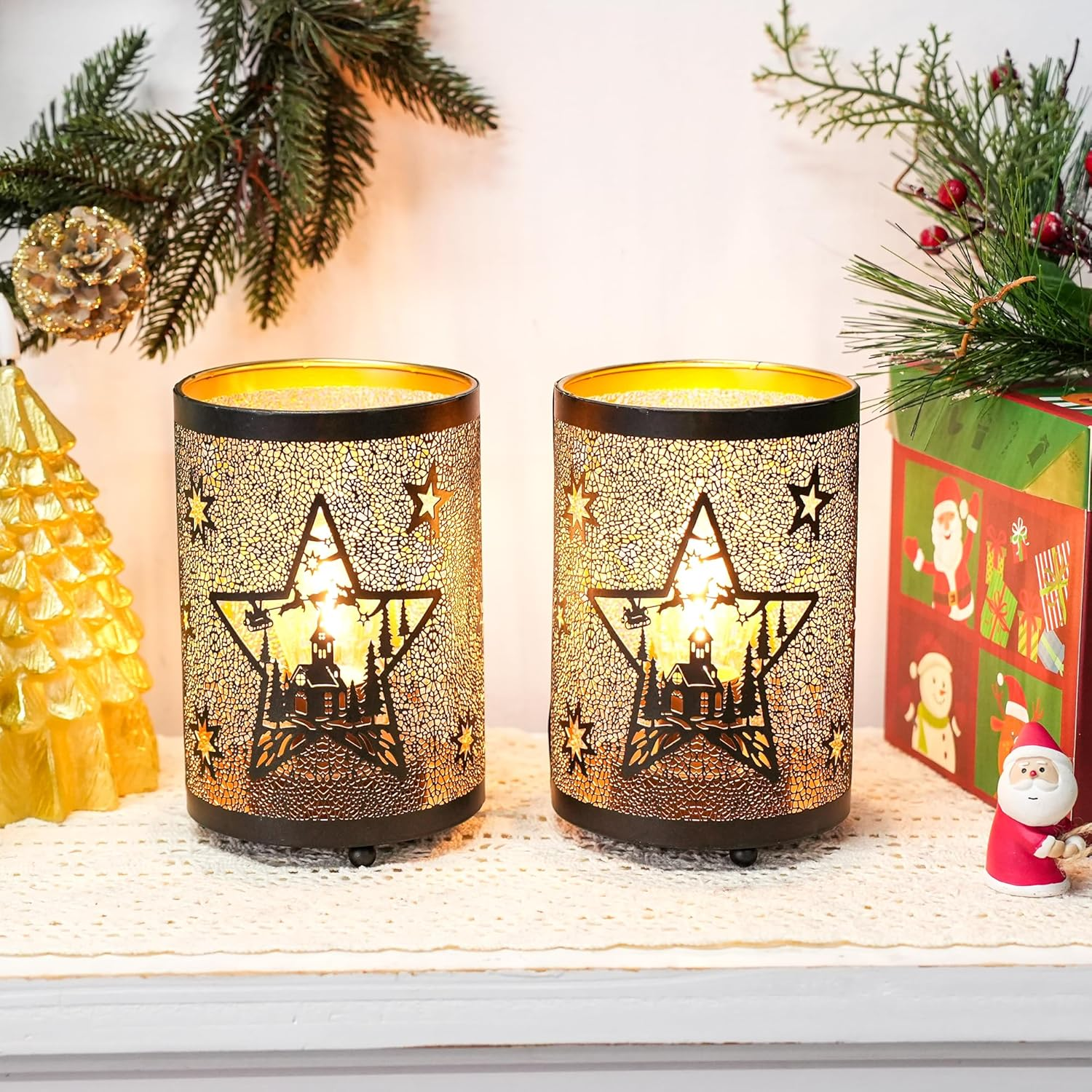 TRIROCKS Set of 2 Metal Table Lamp, Decorative Lantern with Cutout Star & Castle Design for Home, Living Room, Garden, Yard, Party, Events, Tabletop, Indoor（Black） image number 1