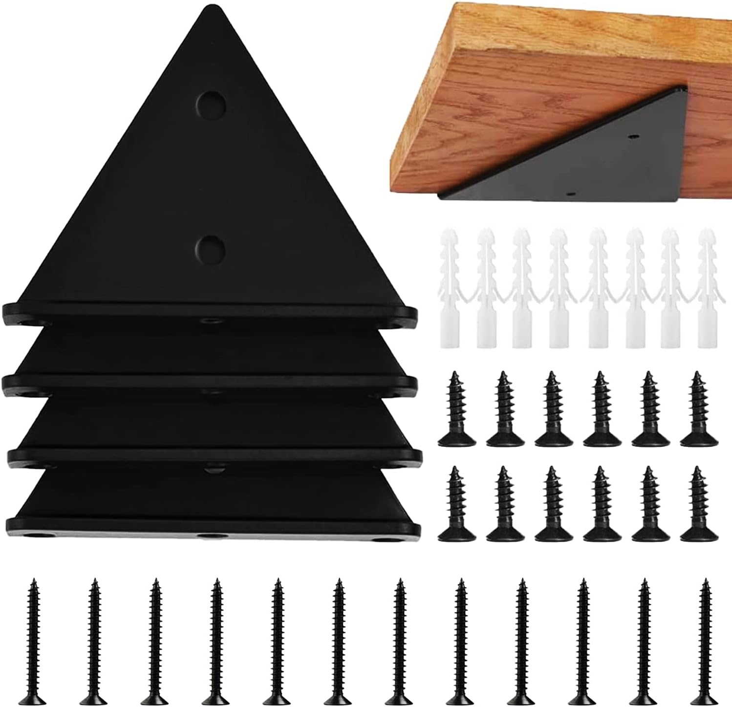 Halyuhn Floating Shelf Bracket 8 Pcs for Floating Wood Shelves, 4 X 3 Inches Black Floating Shelves Brackets with 2 Inches Anchor Screws, Shelf Brackets Set for Wood Shelf, Floating Shelf Hardware