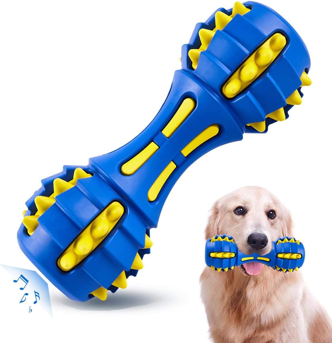 AUSCAT Dog Squeaky Chew Toys, Interactive Rubber Dog Toys for Large Medium Dogs, Dumbbell Shape, Blue and Black (Pack of 2)