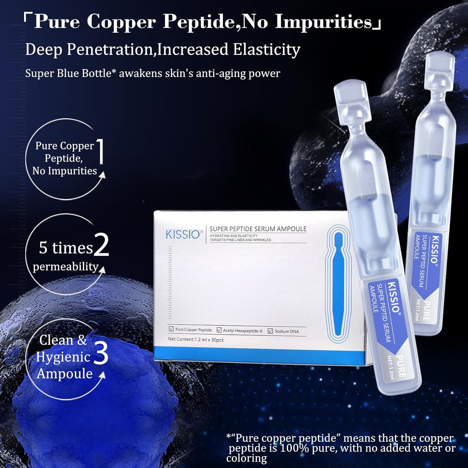 KISSIO Super Peptid Serum Ampoule,Face Serum with Copper Tripeptides,Collagen and Peptides,Hydration and Elasticity,Rejuvenating Facial Serum for Fine Lines and Wrinkles,Makeup Base,30 Ampoule image number 1