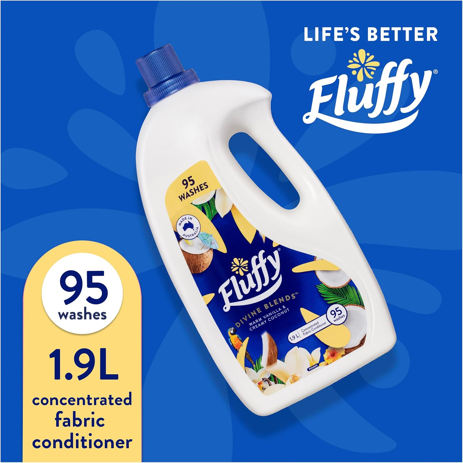 Fluffy Concentrate Liquid Fabric Softener Conditioner, 1.9L, 95 Washes, Coconut and Vanilla, Divine Blends image number 3