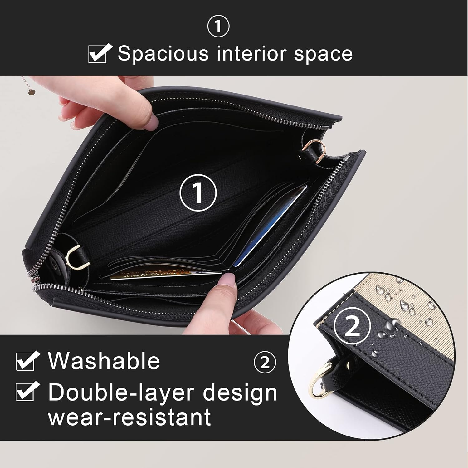 Oaikor Upgraded Purse Insert Organizer Bag Fit Toiletry Pouch 19/26, Black, Large-26, Non-Slip image number 7