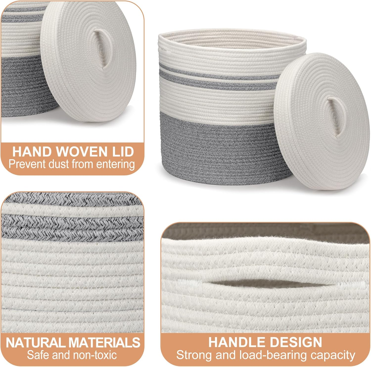 Foldable Laundry Basket Small with Lid, Laundry Hamper - Laundry Baskets, Baskets Braided Cotton Basket - Storage Basket Small Laundry Basket Children'S Room (Grey, 35 X 42 Cm) image number 5