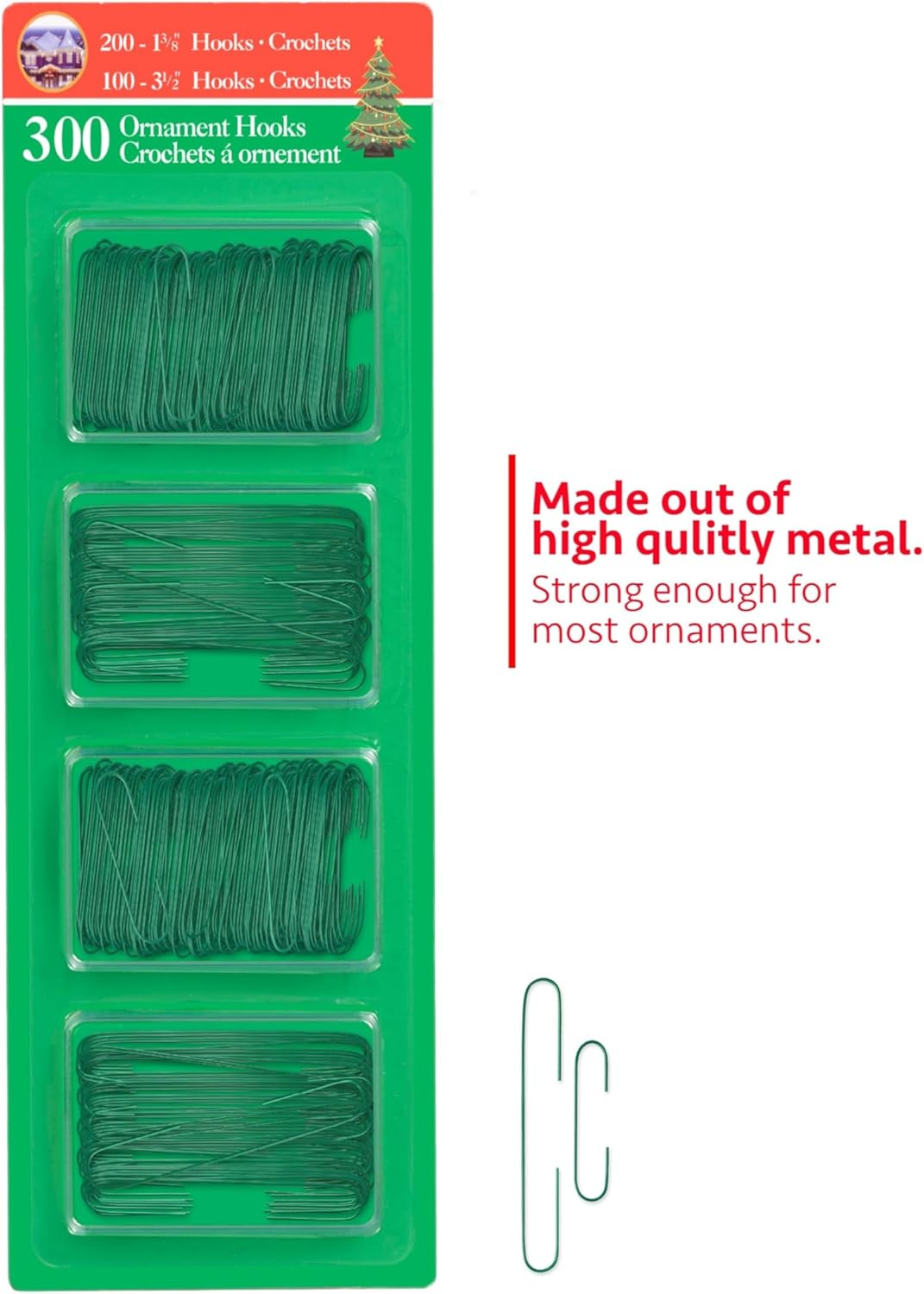 R&rsquo;Nd&rsquo;S 300 Pack Ornament Hooks Christmas Tree Decorating Hangers- Metal Wire Ornament Hooks for Christmas Tree Decoration Hanging (Green)