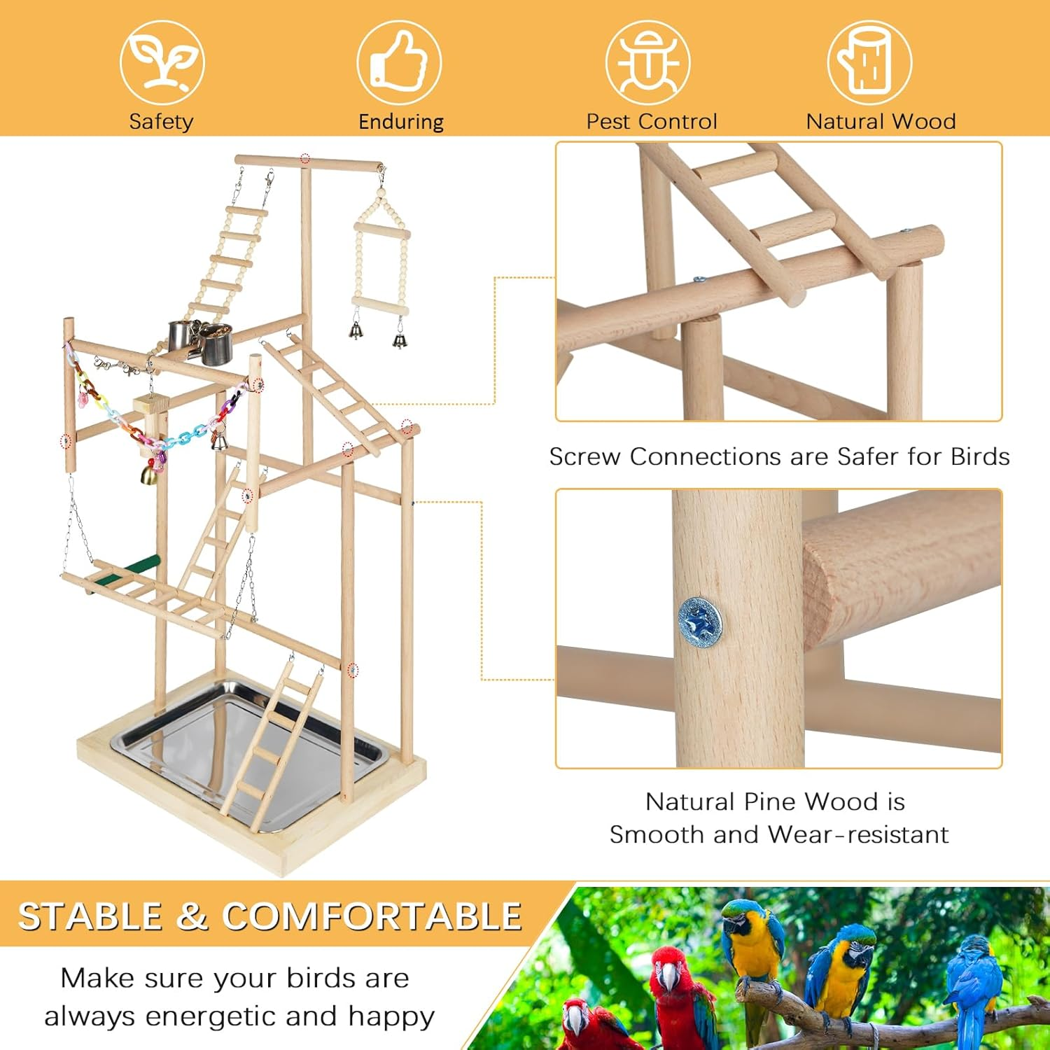 Ibnotuiy Pet Parrot Playstand Parrots Bird Playground Bird Play Stand Wood Perch Gym Playpen Ladder with Feeder Cups Bells for Cockatiel Parakeet (4 Layers) image number 5