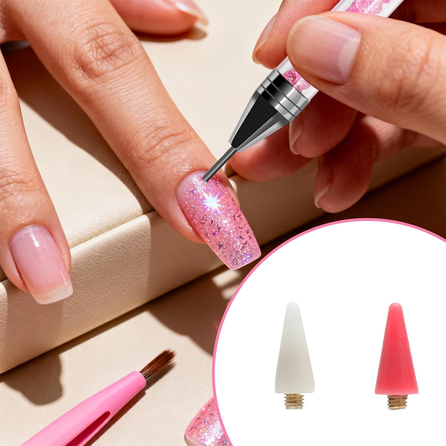 TNSLAND 2 X Acrylic Rhinestone Picker Dotting Pen Dual Ended Gemstones with 4 Wax Heads, Nail File and 1 Tweezers, Nail Rhinestones Picker Dual-Ended Wax Pen for Nail Art & DIY Jewellery image number 2