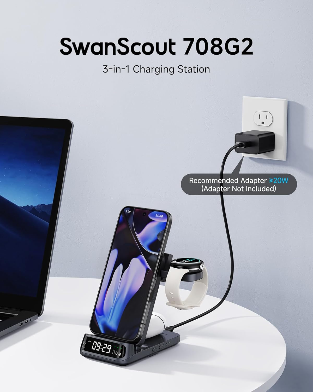 Wireless Charger for Pixel Watch 3/2 (Not for Pixel Watch 4/1), 3 in 1 Charging Station for Google 9 Pro Fold/9 Pro/9A/8/7/6/5, Swanscout 708G2 image number 4