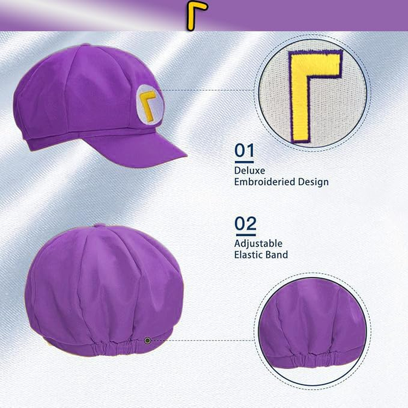 Yaliuliu Novelty Wari and Waluig Costume for Adults,Women and Men - Complete Halloween & Cosplay Accessory Set with Hat, Mustache, Gloves, Buttons, and Suspenders, Yellow and Purple