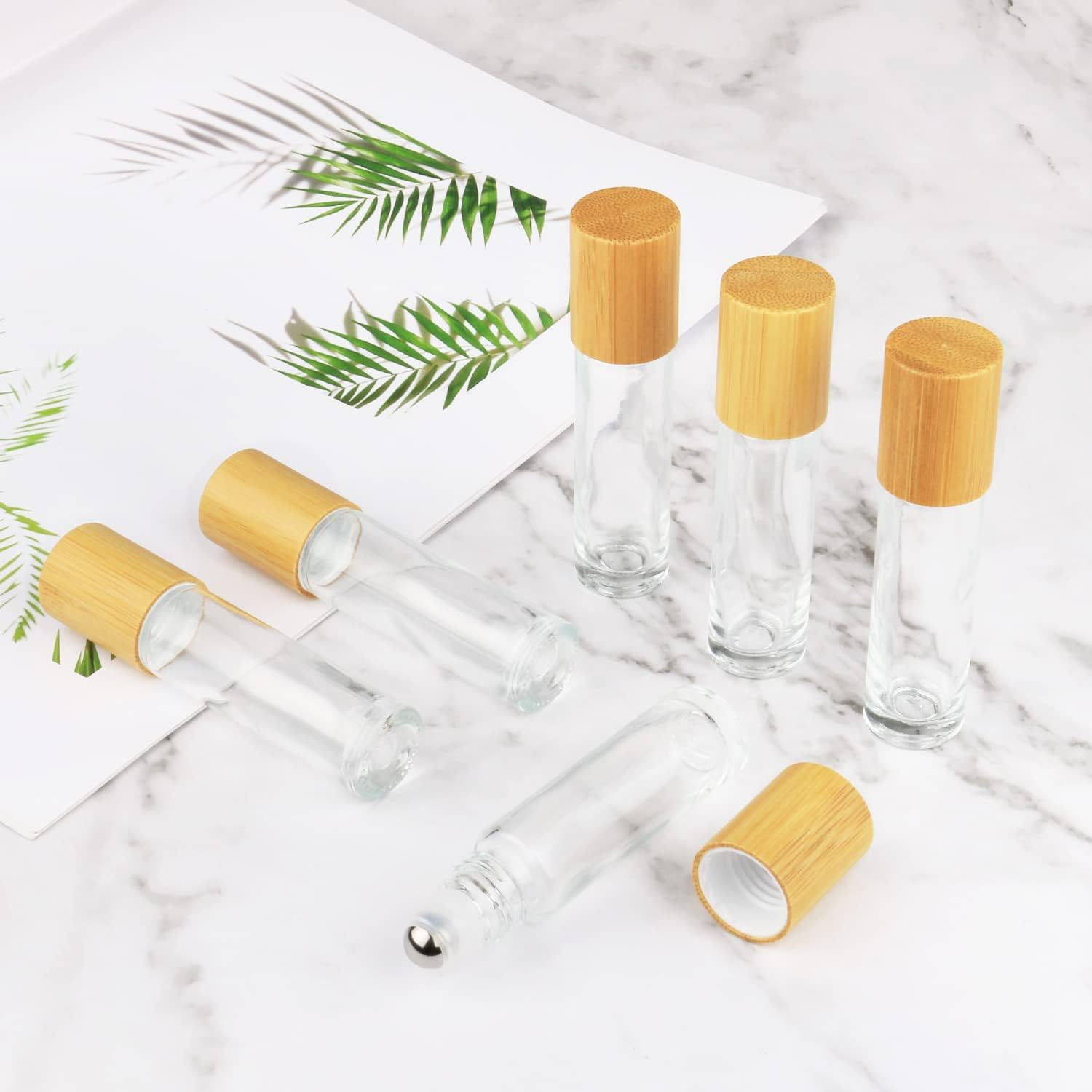 Wresty 10Ml(1/3Oz) Roll on Bottles,10 Pack Glass Roller Bottles Essential Oil Bottles Perfume Cosmetic Sample Bottles with Stainless Steel Roller Ball&Bamboo Lids image number 1