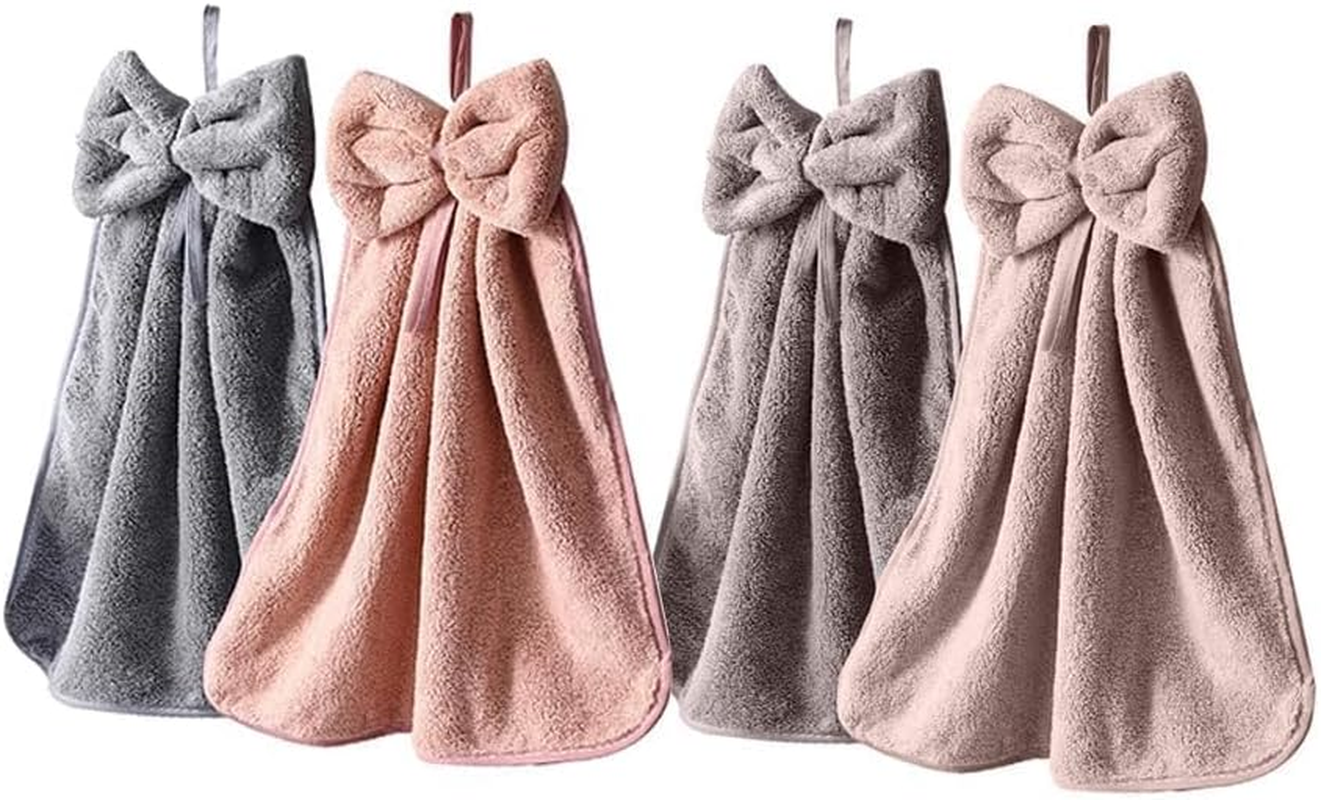 4Pcs Bowknot Hanging Hand Dry Towels,Microfiber Coral Velvet Hanging,Absorbent Super Soft Cute Towels for Kitchen Bathroom