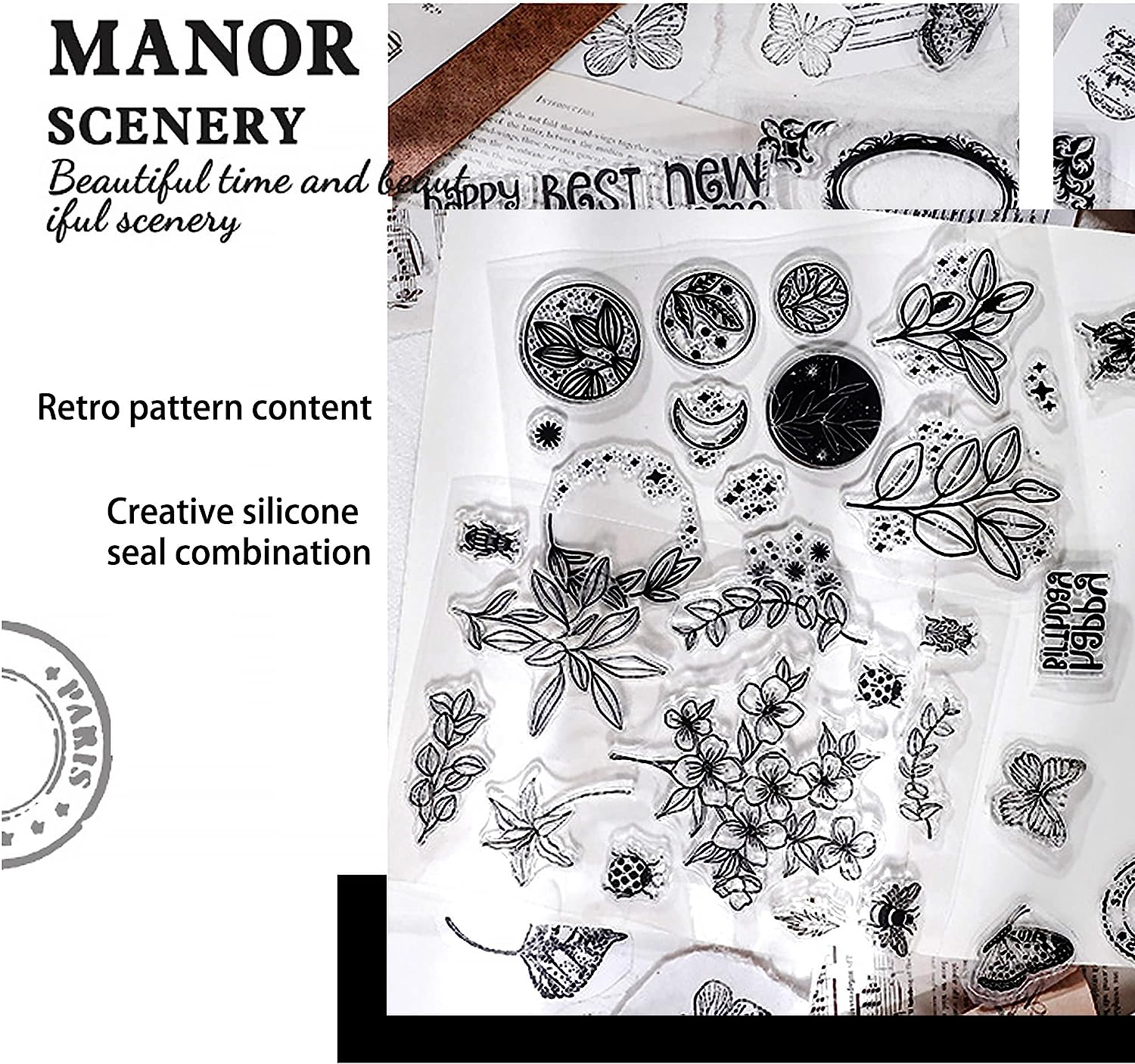 Muulaii 6 Sheets Clear Stamp Silicone Stamp Cards with Greeting Words, Flowers, Leaves, Butterflies, and Moons Pattern for Thanksgiving Christmas Holiday Card Making and DIY Scrapbooking Journaling image number 5