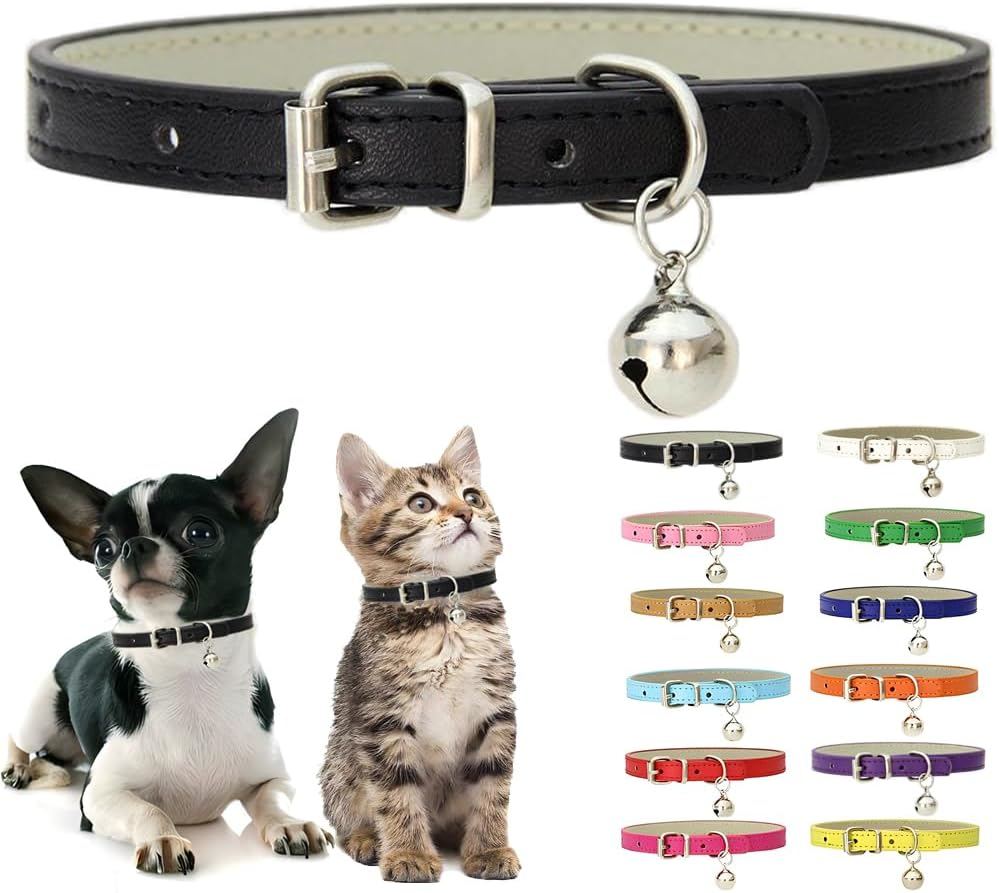 XXS Dog Collar with Bell, Soft Pu Leather Cat Collars Adjustable Buckle for XS Extra Small Medium Tiny Female Male Boys Girls Pets Puppy Kitten Teacup Yorkie Green Xx-Small