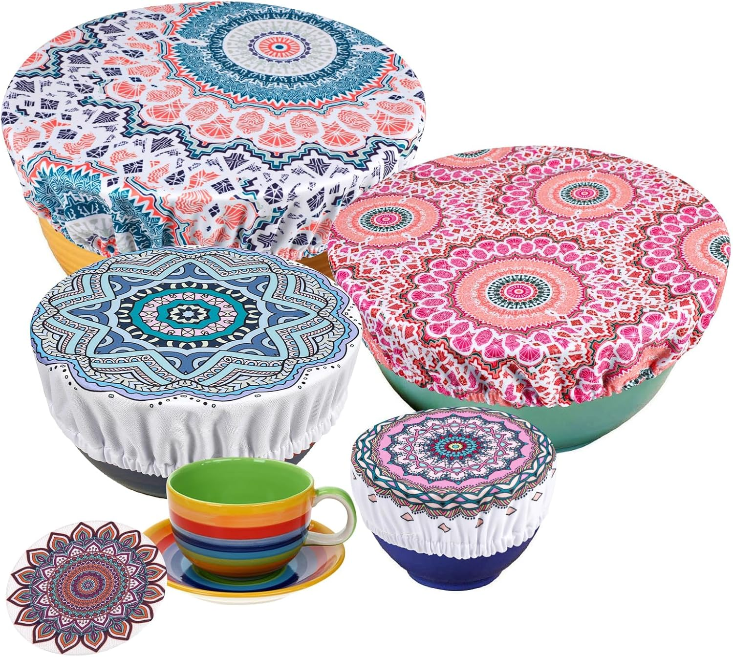Hapurs Set of 5 Reusable Food Cover Bowl Covers, Elastic Fabric Covers Multi Purpose Food Storage Dish Covers Can Lids, Fruit Vegetable Meat Preservation Fresh Keeping Bread Rising Cover (Mandala A)