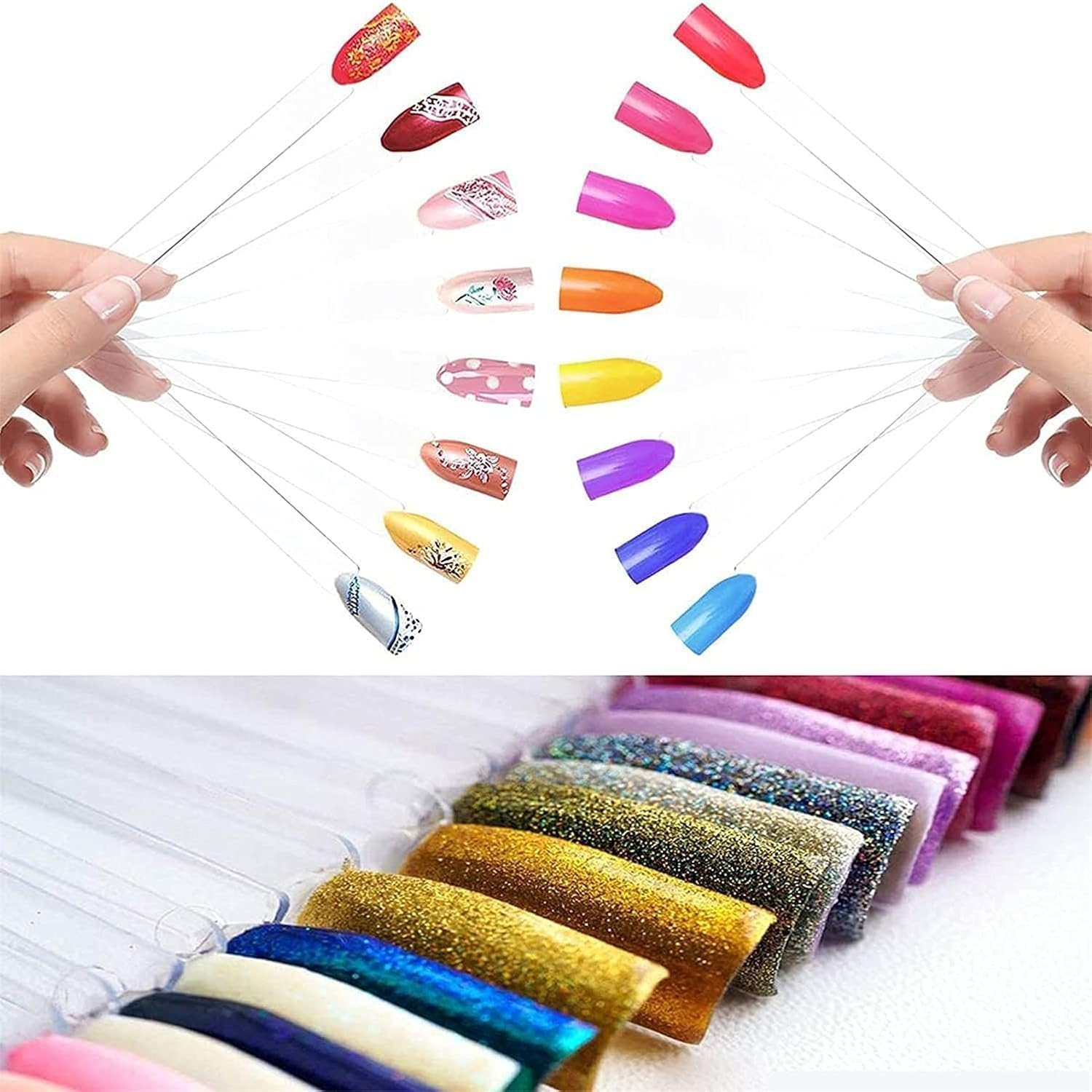 Henmeili Pack of 100 Nail Art Tips Ring Stick, Transparent Colour Card Plates Nail Polish Display Ring Sticks, Nail Salon Exercises Display Nail Tips for Display and Practice DIY Nail Art (Transparent image number 2