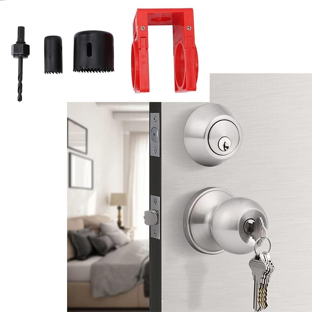Door Lock Installation Kit, Carbon Steel Drill Kit with Guide Template, Door Knob Saw Set (Yellow) - Yellow image number 5
