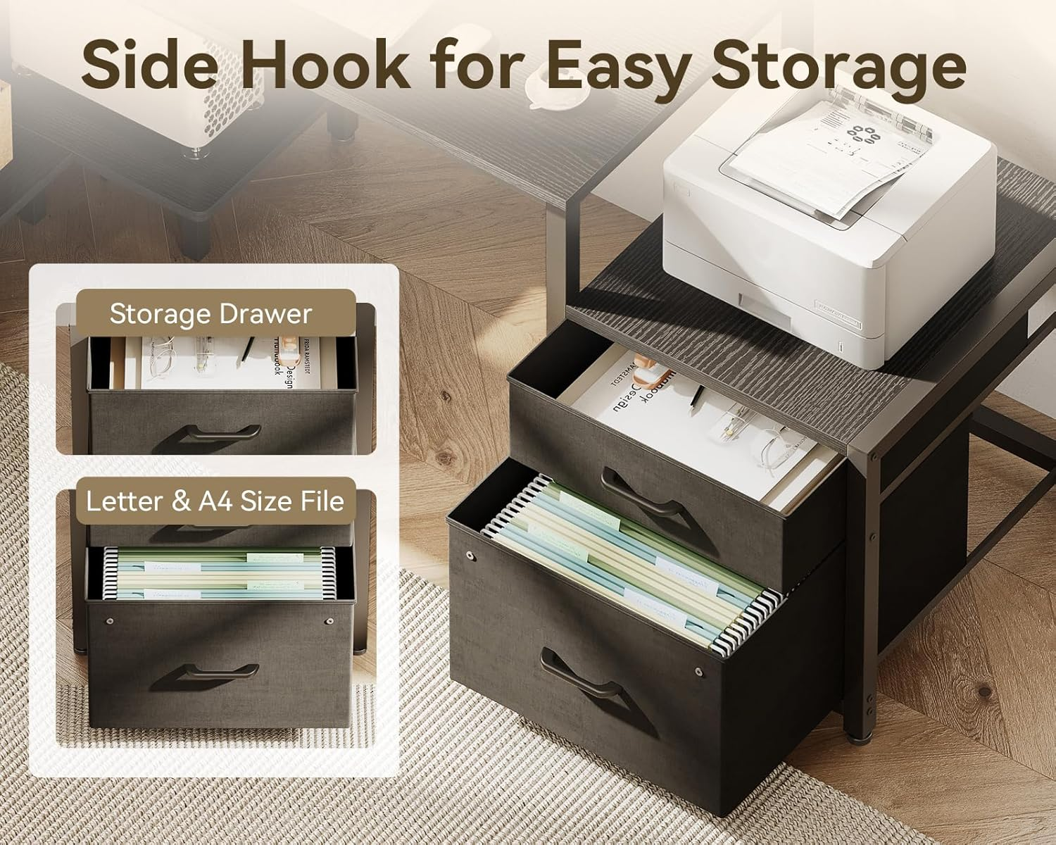 ODK 55Inch L Shaped Computer Desk with Power Outlet & Large File Drawer, Home Office Desk with Reversible Storage Shelves,Corner Desk for Home Office Bedroom Study Work,140 * 80 * 75.7Cm, Black image number 6