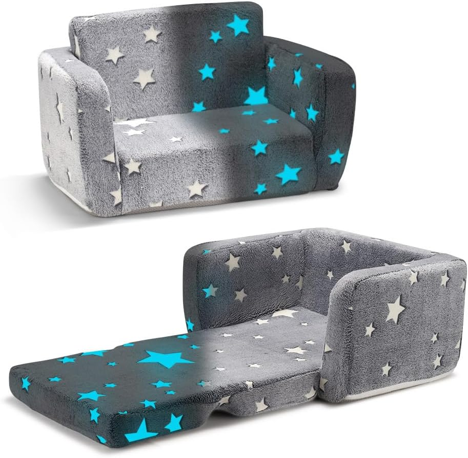 Playpals Kids Sofa Couch 2-In-1 Kids Flip Out Sofa, Convertible Sofa Bed to Lounger with Cute Star Designs, Glow in the Dark, Removable Washable Cover, Kid Couch for Girls Boys, Grey image number 1