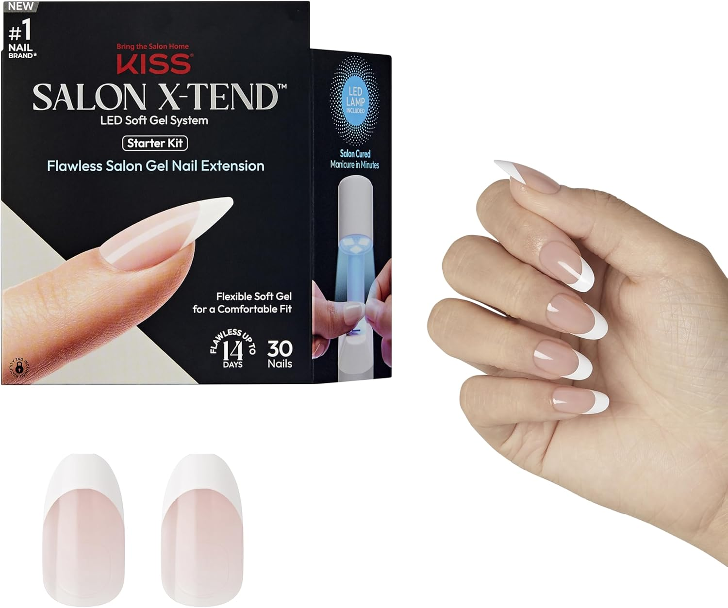 KISS Salon X-Tend, Press-On Nails, Nail Glue Included, Pure', Light White, Medium Size, Oval Shape, Includes 30 Nails, 5Ml Led Soft Gel Adhesive, 1 Led Lamp, 1 Prep Pad, 1 Manicure Stick, 1 Mini File