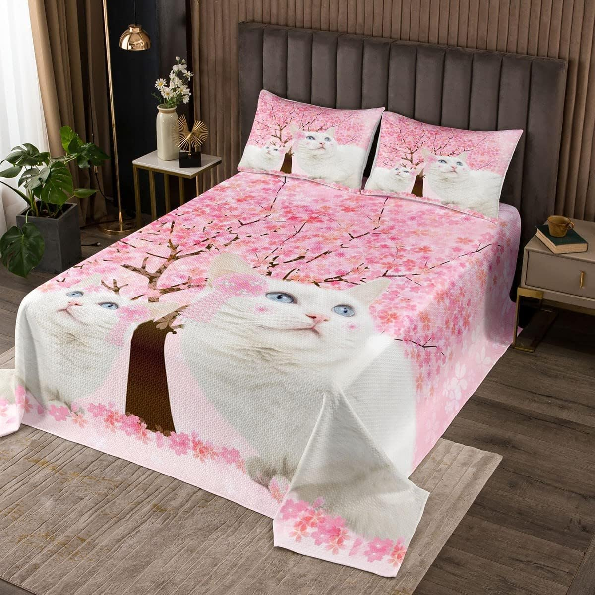 Feelingyou White Cats Bedspread Girls Teens, Watercolour Pink Flower Tree Duvet Set of 3 Decorative with 2 Pillowcases, Cute Kawaii Animal Motif Bed Linen Quilted 220 X 240 Cm for Girls Teens image number 2