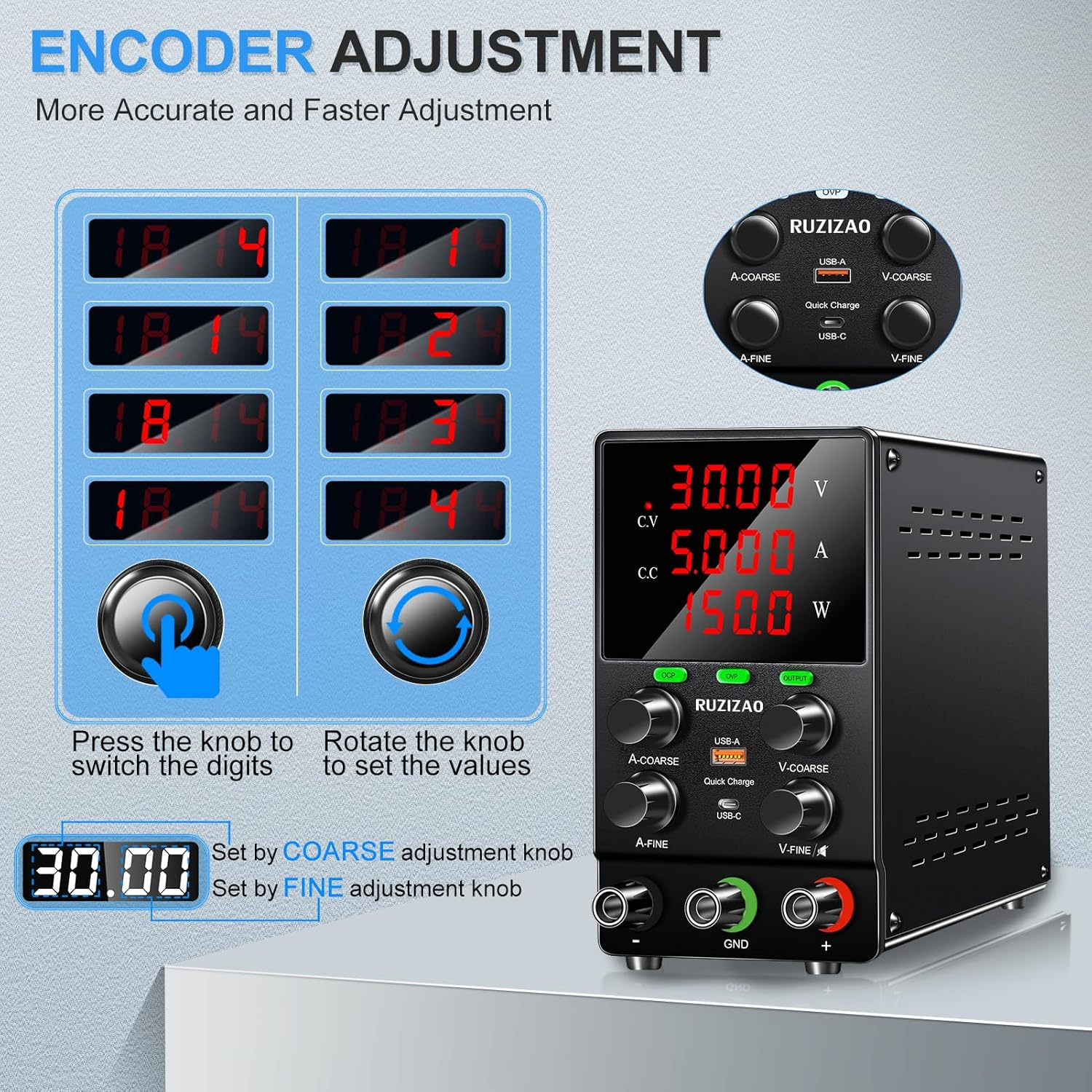DC Power Supply Variable, Upgraded Version, 30V 5A 150W, Adjustable Switching Regulated Lab Bench Power Supply, OCP/OVP, Encoder Knobs, Usb&Type C Fast Charging, 4-Digit LED Display image number 1