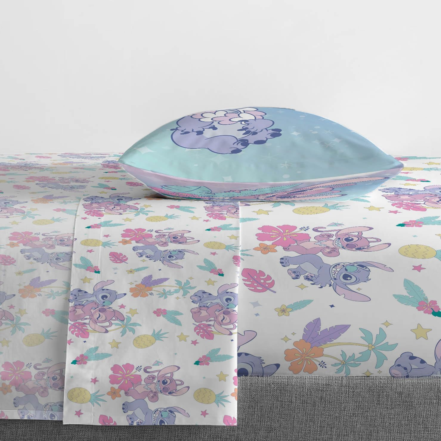 Jay Franco Disney Lilo and Stitch Twin Size Sheet Set - Super Soft Kids 3 Piece Floral Bedding Set Features Angel - Microfiber Sheets Includes Reversible Pillow Cover image number 1
