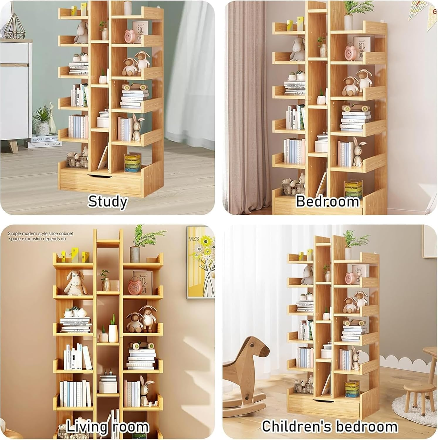 18-Tier Floor Standing Tree Bookshelf, Home Corner Bookcase with Drawer for Cd/Movies/Books, Home Shelf Cabinet Bookcases Storage Rack for Bedroom,Living Room,Office (18-Tier White)