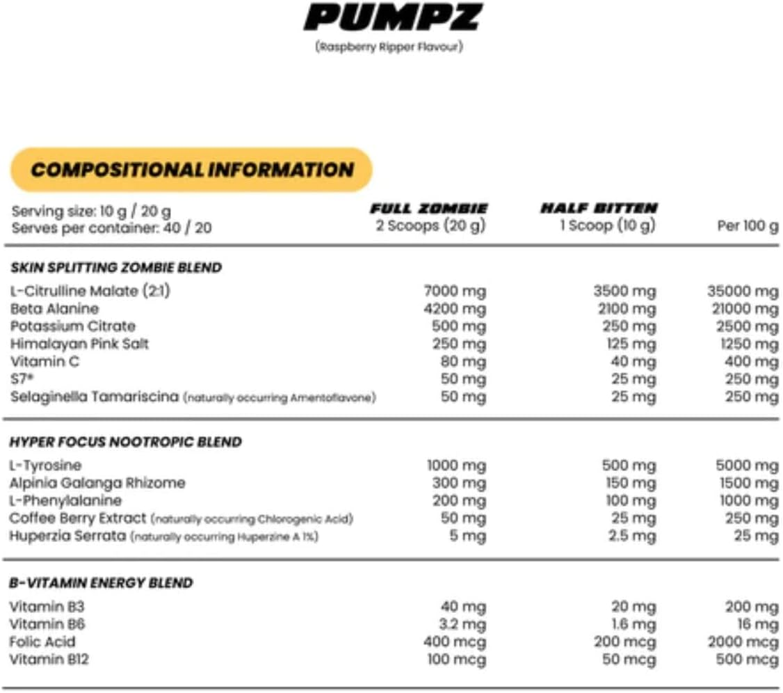 Zombie Labs Pumpz Non-Stim Pre Workout Undead Unflavoured 40 Serves