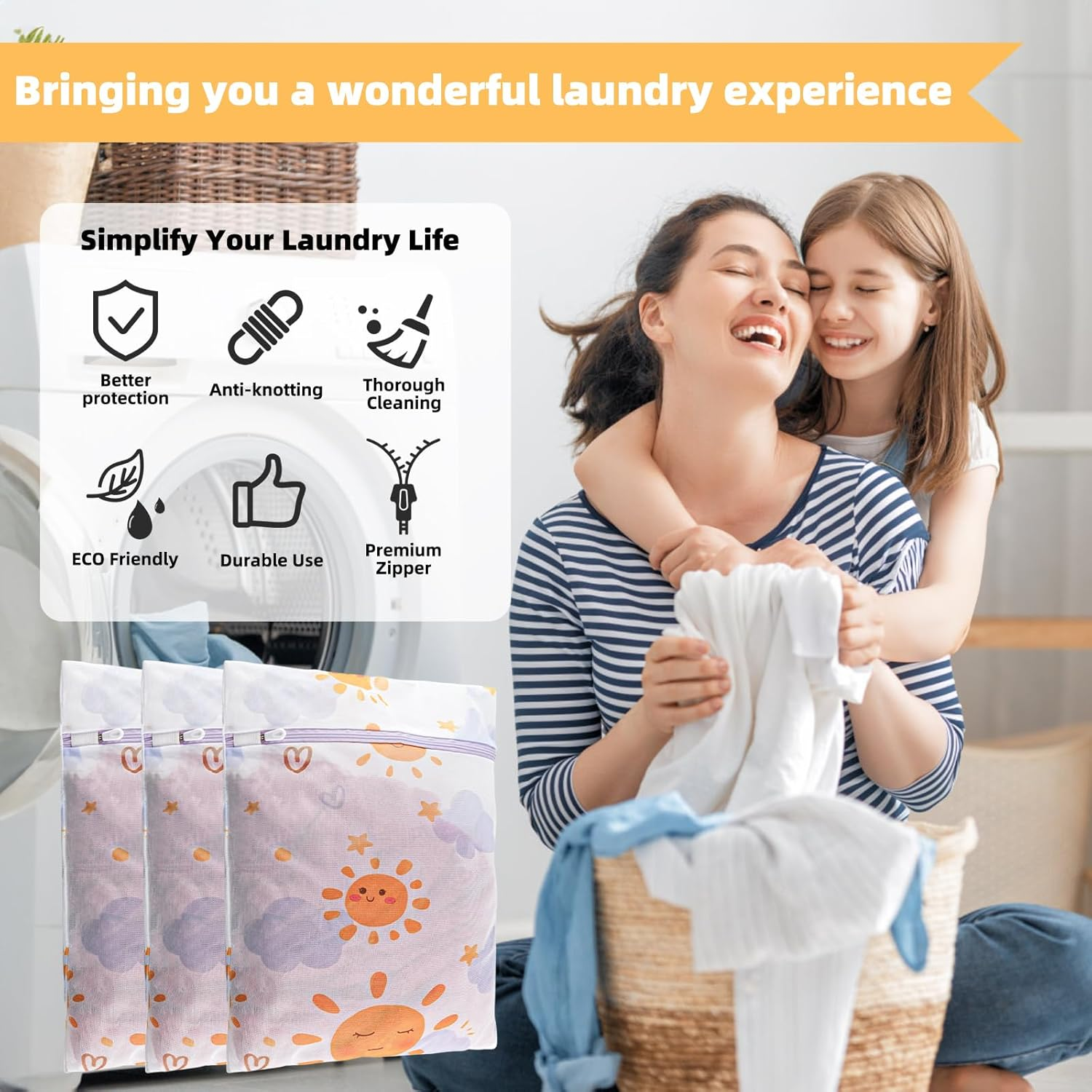 3Pcs Durable Mesh Laundry Bag, Durable Laundry Bags with Premium Zipper (Sunny)